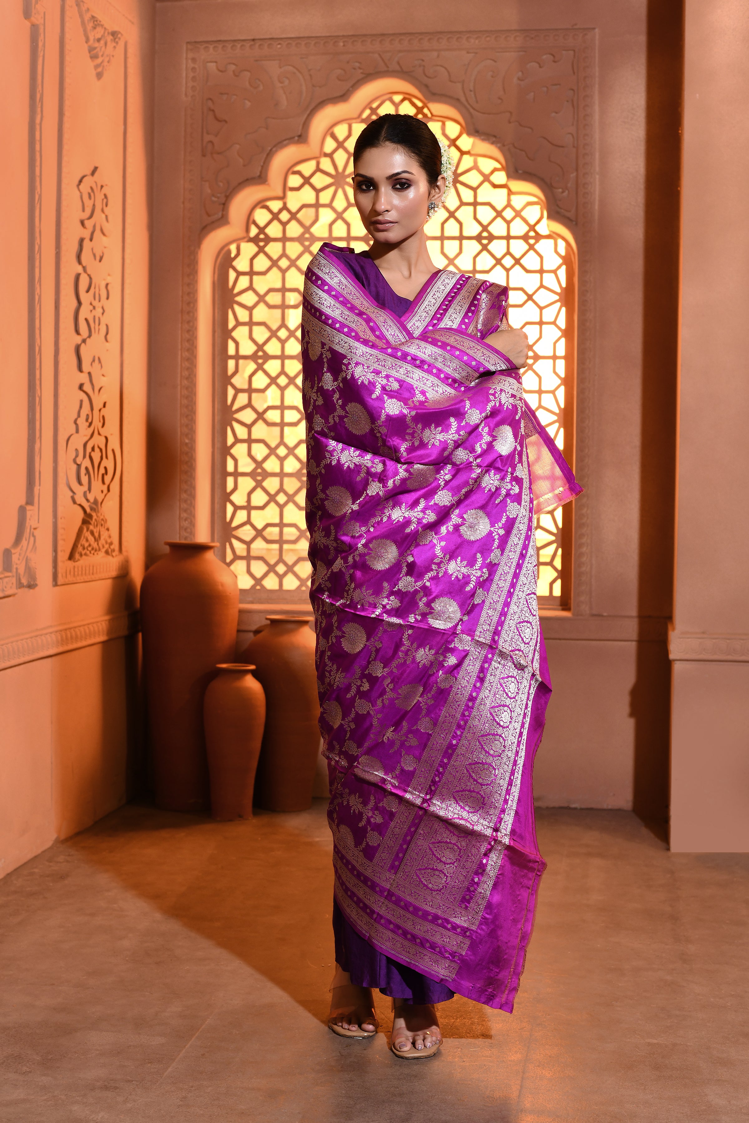 Purple Floral Jaal Silk Duppatta
