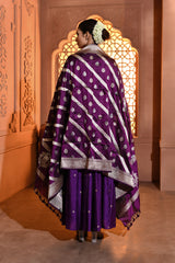 Purple Silver Gold Booti Banarsi Silk Duppatta