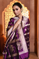 Purple Silver Gold Booti Banarsi Silk Duppatta