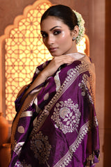 Purple Silver Gold Booti Banarsi Silk Duppatta
