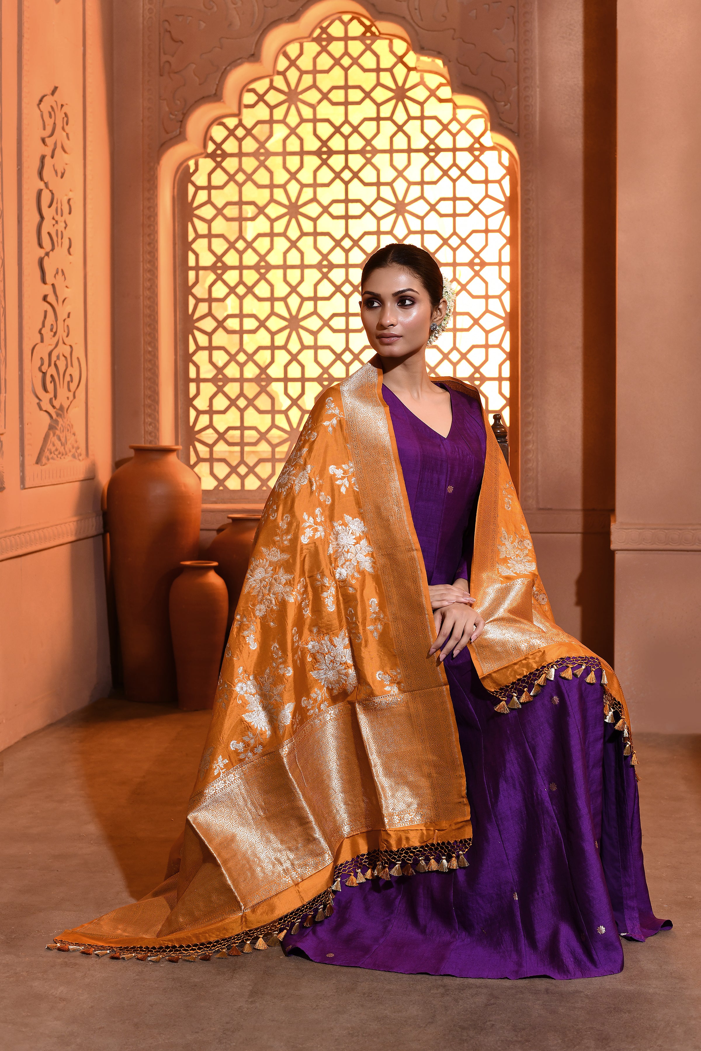 Mustard Floral Handwoven Banarsi Silk Duppatta