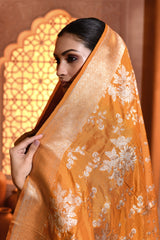 Mustard Floral Handwoven Banarsi Silk Duppatta
