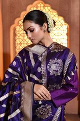 Violet Silver Gold Booti Banarsi Silk Duppatta
