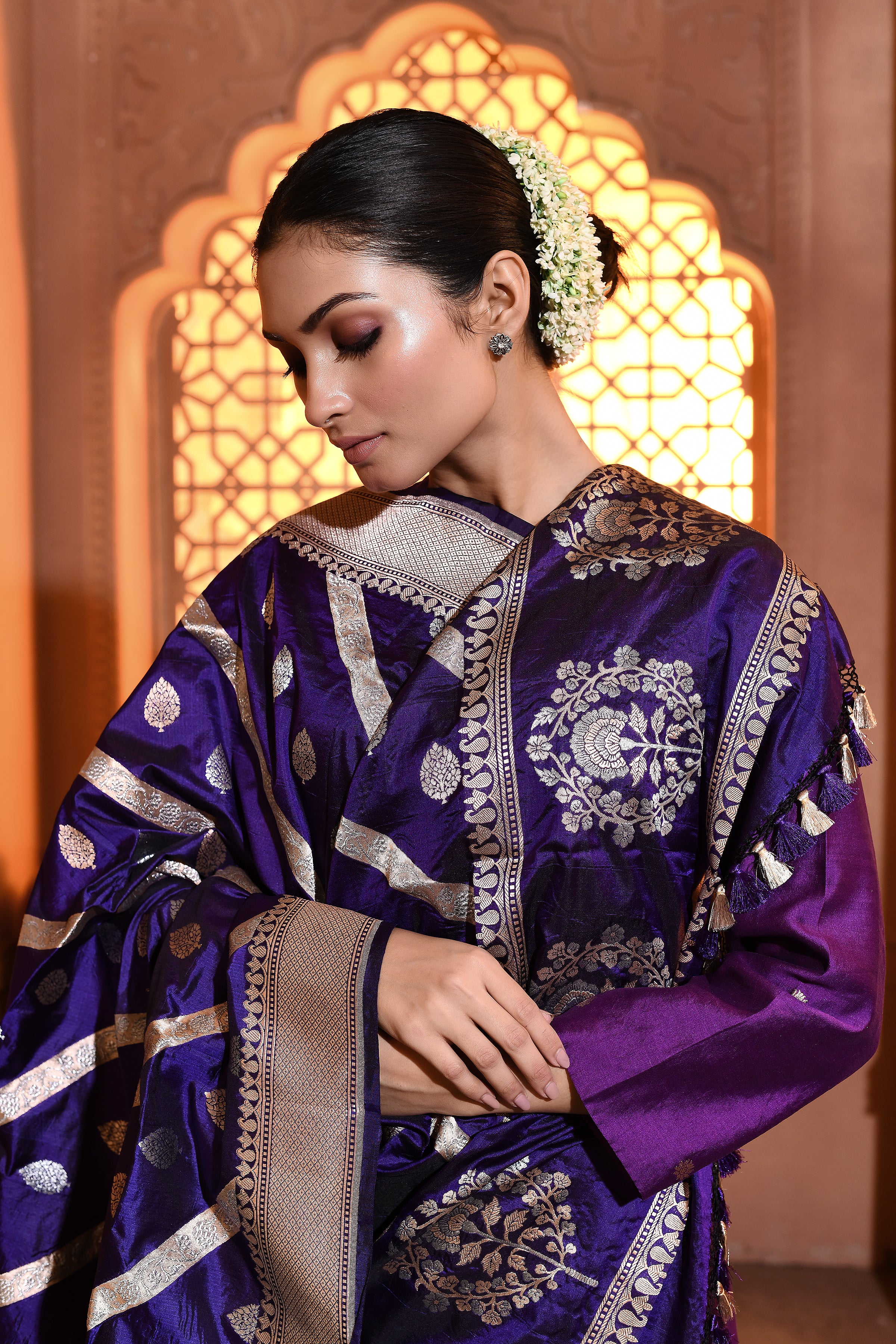 Violet Silver Gold Booti Banarsi Silk Duppatta