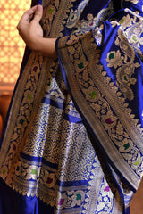 Royal Blue Kadhua Handwoven Floral Banarsi Silk Duppatta