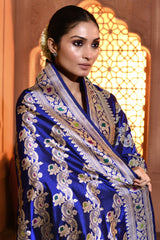 Royal Blue Kadhua Handwoven Floral Banarsi Silk Duppatta