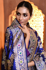 Royal Blue Kadhua Handwoven Floral Banarsi Silk Duppatta