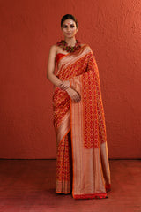 Orange Red Rangkaat Banarsi Silk Saree