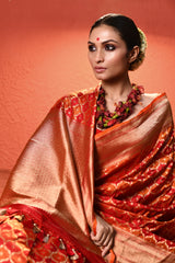 Orange Red Rangkaat Banarsi Silk Saree