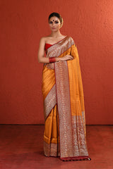Yellow Checkered Banarsi Silk Saree with Red Bordered Palla