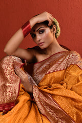 Yellow Checkered Banarsi Silk Saree with Red Bordered Palla
