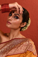 Yellow Checkered Banarsi Silk Saree with Red Bordered Palla