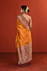 Yellow Checkered Banarsi Silk Saree with Red Bordered Palla