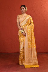 Yellow Silver Gold Zari Jaal Banarsi Silk Saree