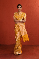 Yellow Silver Gold Zari Jaal Banarsi Silk Saree