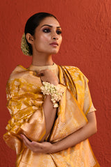 Yellow Silver Gold Zari Jaal Banarsi Silk Saree