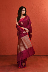 Maroon Tanchoi Resham and Zari Woven Floral Silk Saree