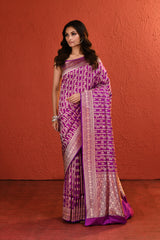 Purple Silver Gold Handwoven Jaal Banarsi Saree