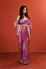 Purple Silver Gold Handwoven Jaal Banarsi Saree
