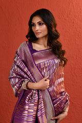 Purple Contemporary Silver Gold Zari Silk Saree