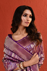 Purple Contemporary Silver Gold Zari Silk Saree