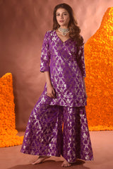 Purple Banarasi Silk Kurta Sharara Set