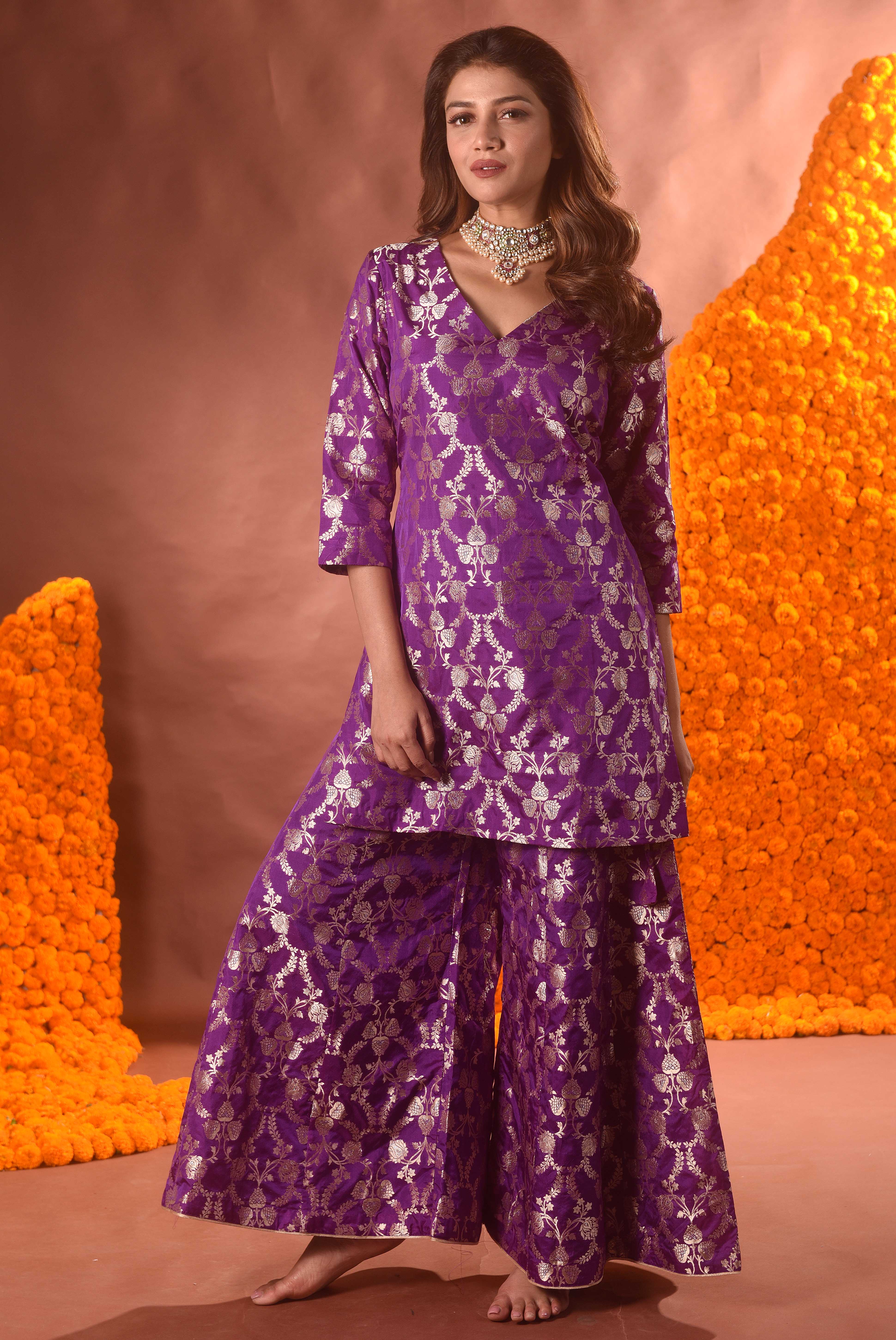 Purple Banarasi Silk Kurta Sharara Set