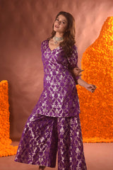 Purple Banarasi Silk Kurta Sharara Set