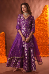 Purple Banarasi Silk Kurta Sharara Set