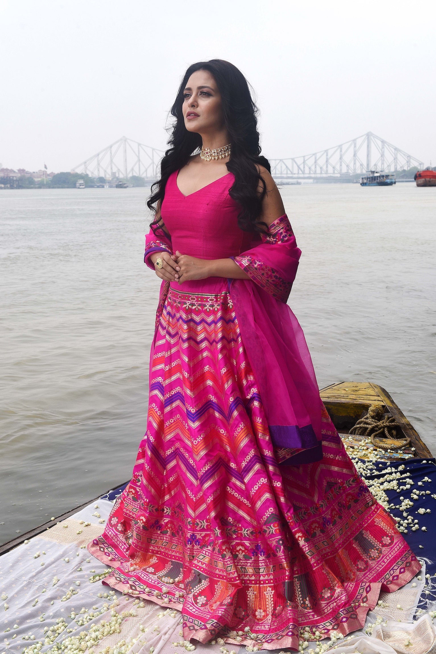 Pink Lehenga with Multi-Hued Chevron Pattern Set