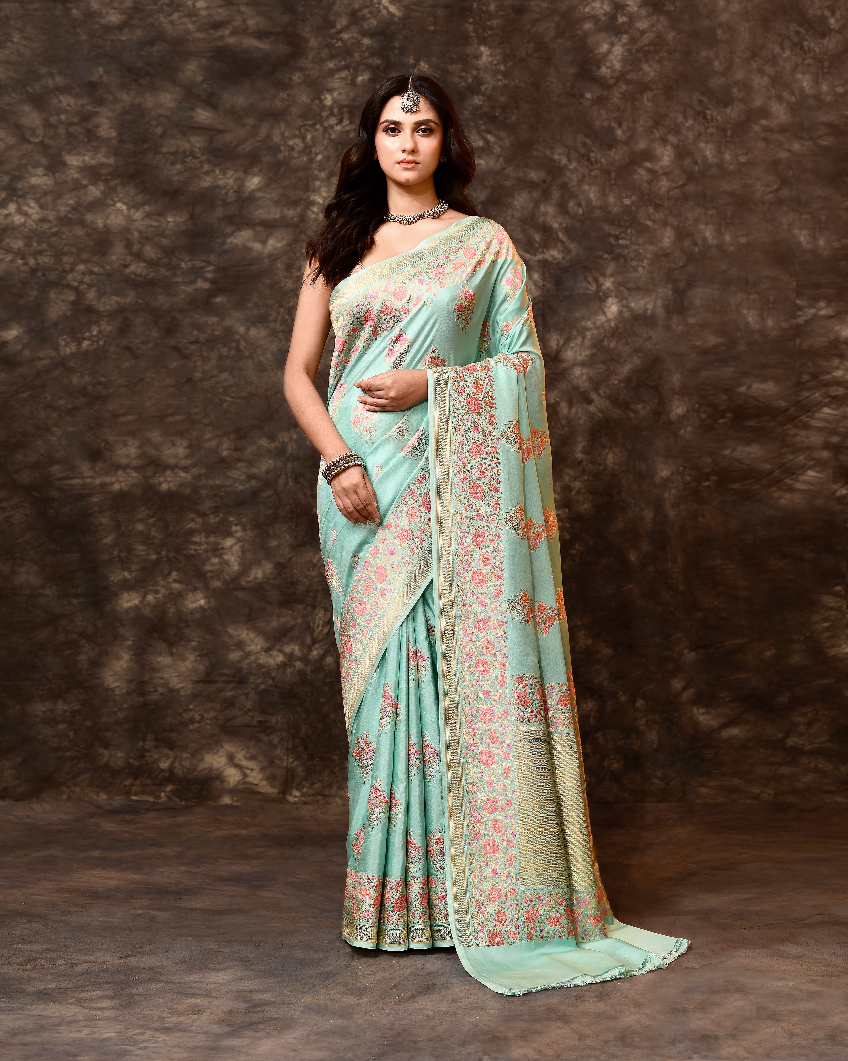 Blue Multi-Floral Weave Banarsi Silk Saree with Running Blouse Piece