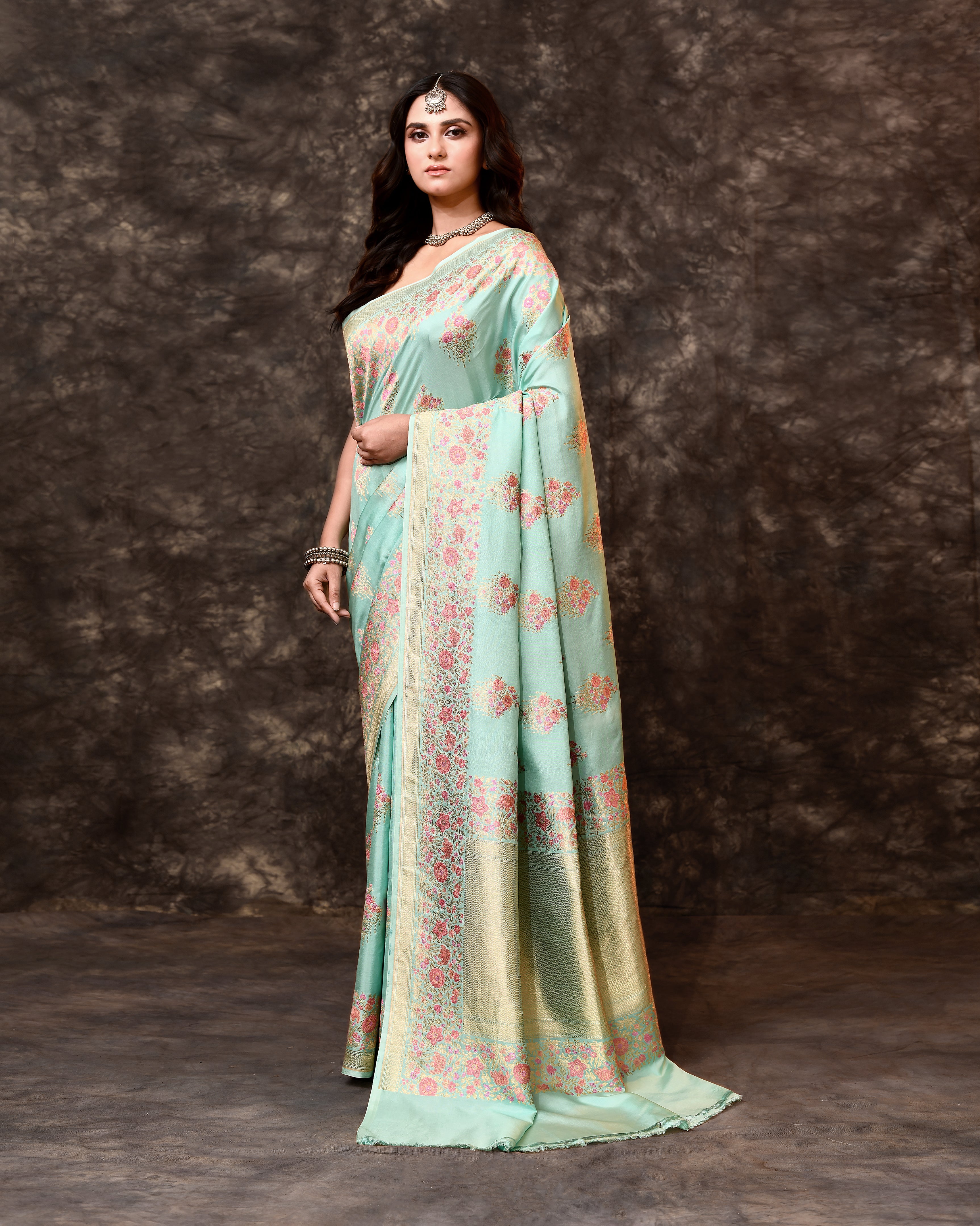 Blue Multi-Floral Weave Banarsi Silk Saree with Running Blouse Piece