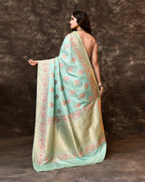 Blue Multi-Floral Weave Banarsi Silk Saree with Running Blouse Piece