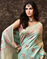 Blue Multi-Floral Weave Banarsi Silk Saree with Running Blouse Piece