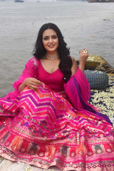 Pink Lehenga with Multi-Hued Chevron Pattern Set