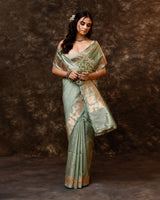 Powder Blue Silver Butterfly Handwoven Silk Saree