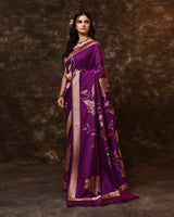 Purple Gold Silver Floral Silk Saree with Running Blouse Piece