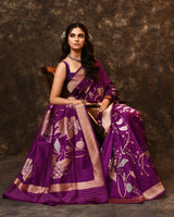 Purple Gold Silver Floral Silk Saree with Running Blouse Piece