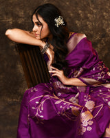 Purple Gold Silver Floral Silk Saree with Running Blouse Piece