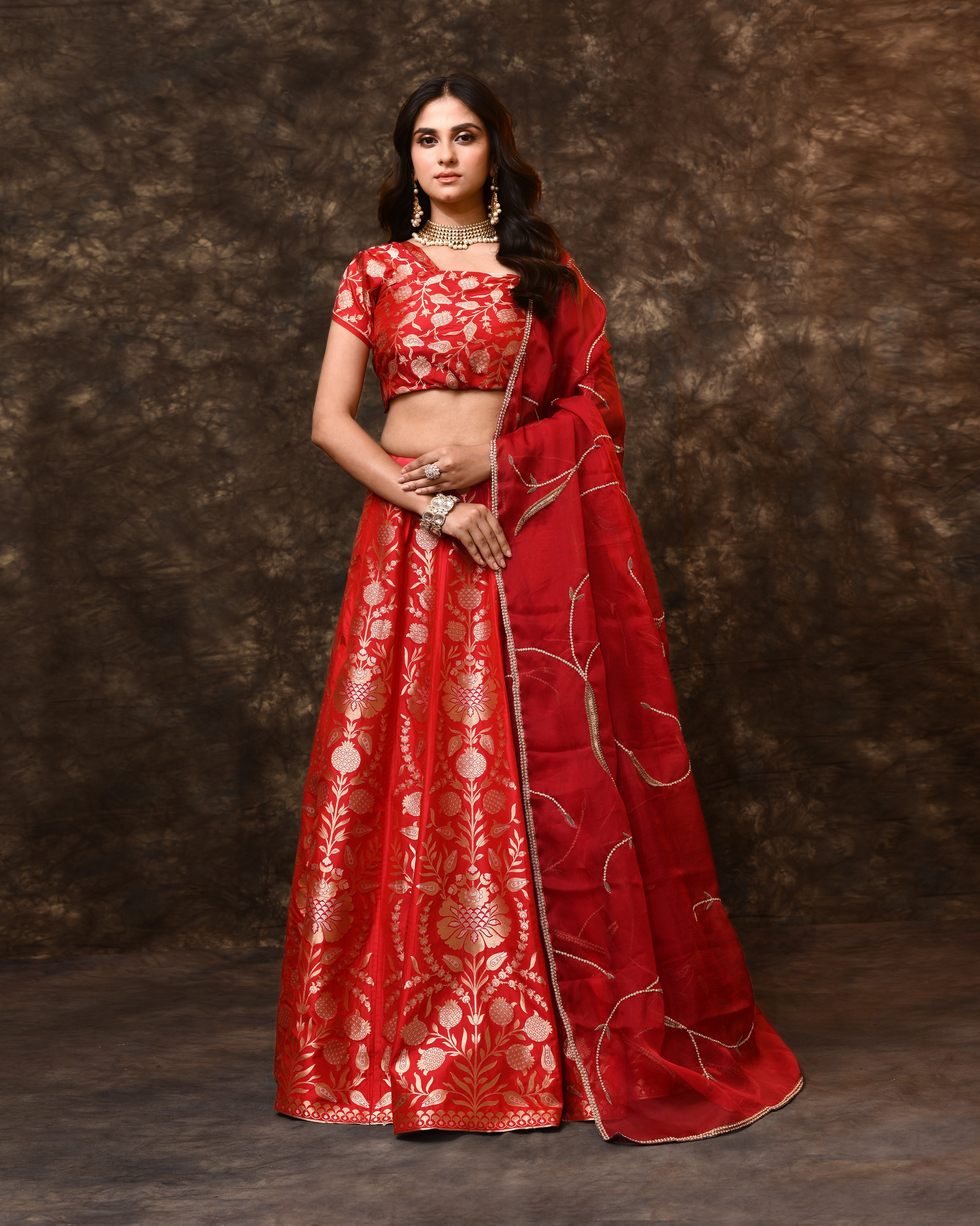 Red Banarasi Silk Lehenga with Organza Dupatta & Hand Zardosi Work | Jaal Blouse (Unstitched)