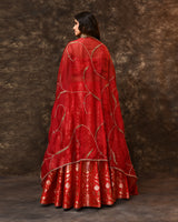 Red Banarasi Silk Lehenga with Organza Dupatta & Hand Zardosi Work | Jaal Blouse (Unstitched)