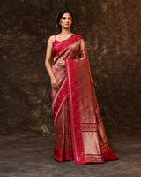 Pink Geometric Peacock Woven Kora Silk Saree with Running Blouse Piece