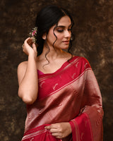 Pink Geometric Peacock Woven Kora Silk Saree with Running Blouse Piece