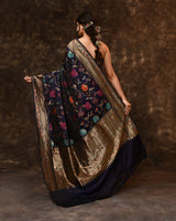 Blue Multi-Floral Weave Banarsi Silk Saree with Running Blouse Piece