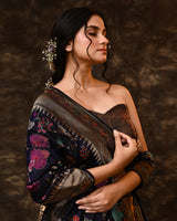 Blue Multi-Floral Weave Banarsi Silk Saree with Running Blouse Piece