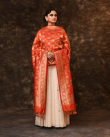Orange Handwoven Zari Jaal Silk Duppatta