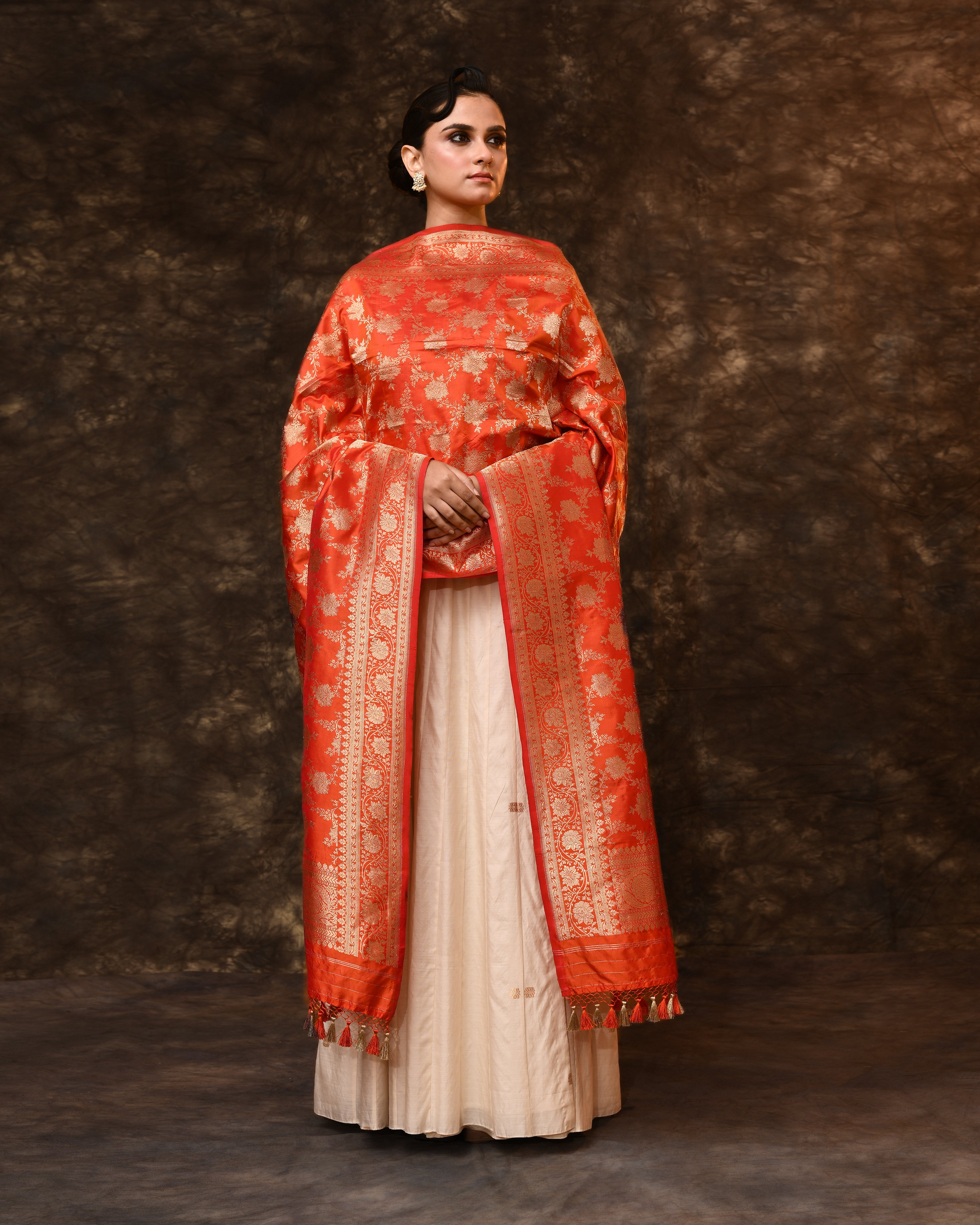 Orange Handwoven Zari Jaal Silk Duppatta