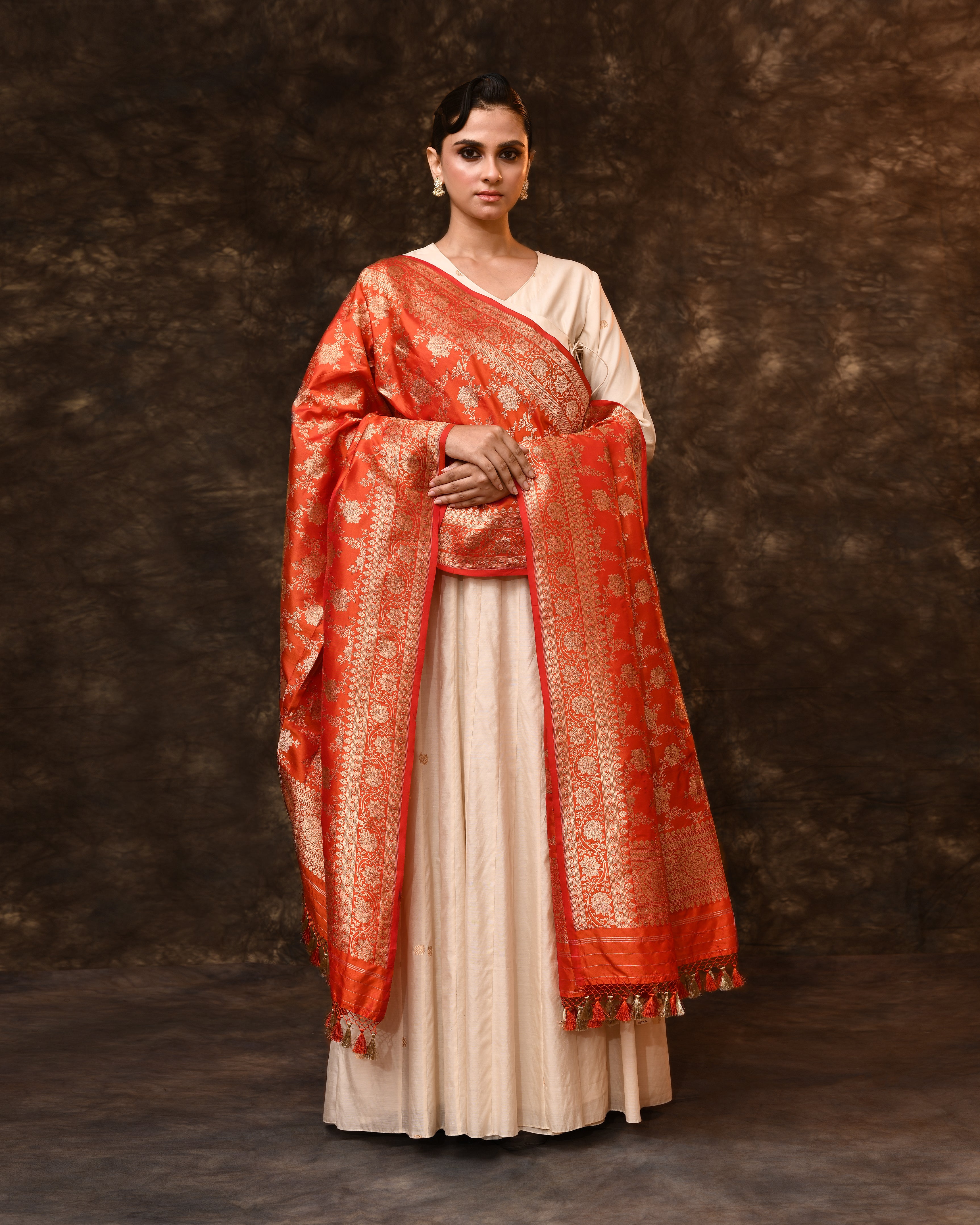 Orange Handwoven Zari Jaal Silk Duppatta