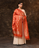 Orange Handwoven Zari Jaal Silk Duppatta