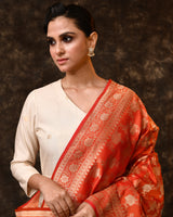 Orange Handwoven Zari Jaal Silk Duppatta